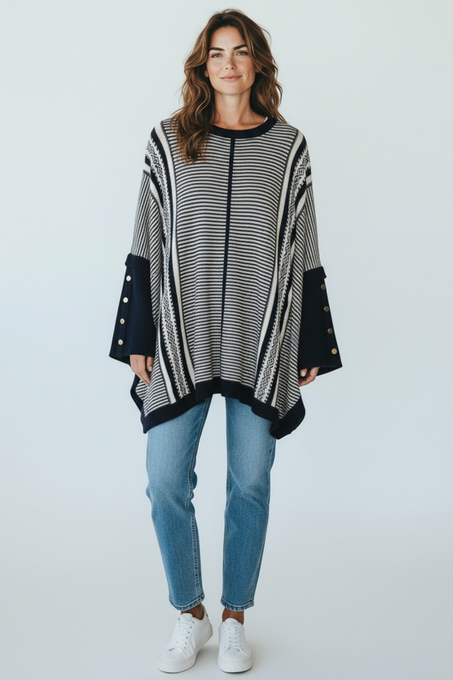 Hannah Black and White Stripe Aztec Print Button-Sleeve Poncho Sweater XL
